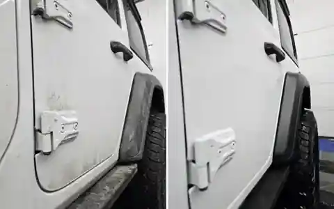Before and after winter salt and road-film cleanup on a white Jeep door and hinges