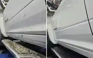 Before and after winter slush and road-film cleanup on lower truck body panels and side step