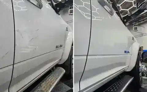 Before and after winter salt and road-film cleanup on a white RAM truck door