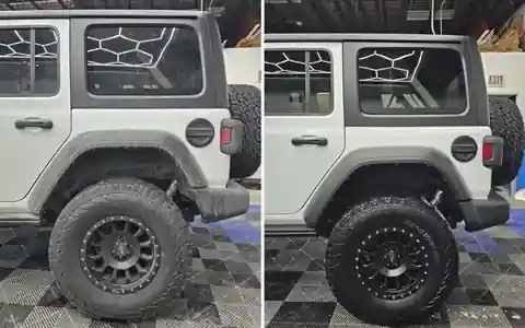 Before and after winter salt and grime cleanup around a Jeep wheel well and fender flare